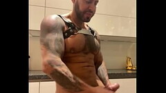 Latino gay pornstar in harness and leather panties in the kitchen fingering my cock - VIKTOR ROM - Thumb